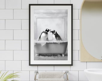 Pinguini che fanno un bagno di bolle Arte da parete per bagno / Pinguino nella vasca da bagno Foto / Stampa artistica per bagno per bambini / Decorazione da parete moderna Amanti degli uccelli carini