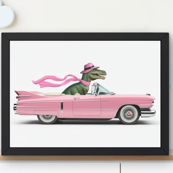 Dino Driving 1950s Pink Cadillac Wall Art, Dinosaur T-rex Print