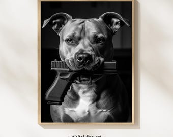 Póster digital imprimible de un pitbull terrier con una pistola, estilo urbano, con diseño de gánster. Incluye una pistola Glock de 9 mm. #GWV1TQ