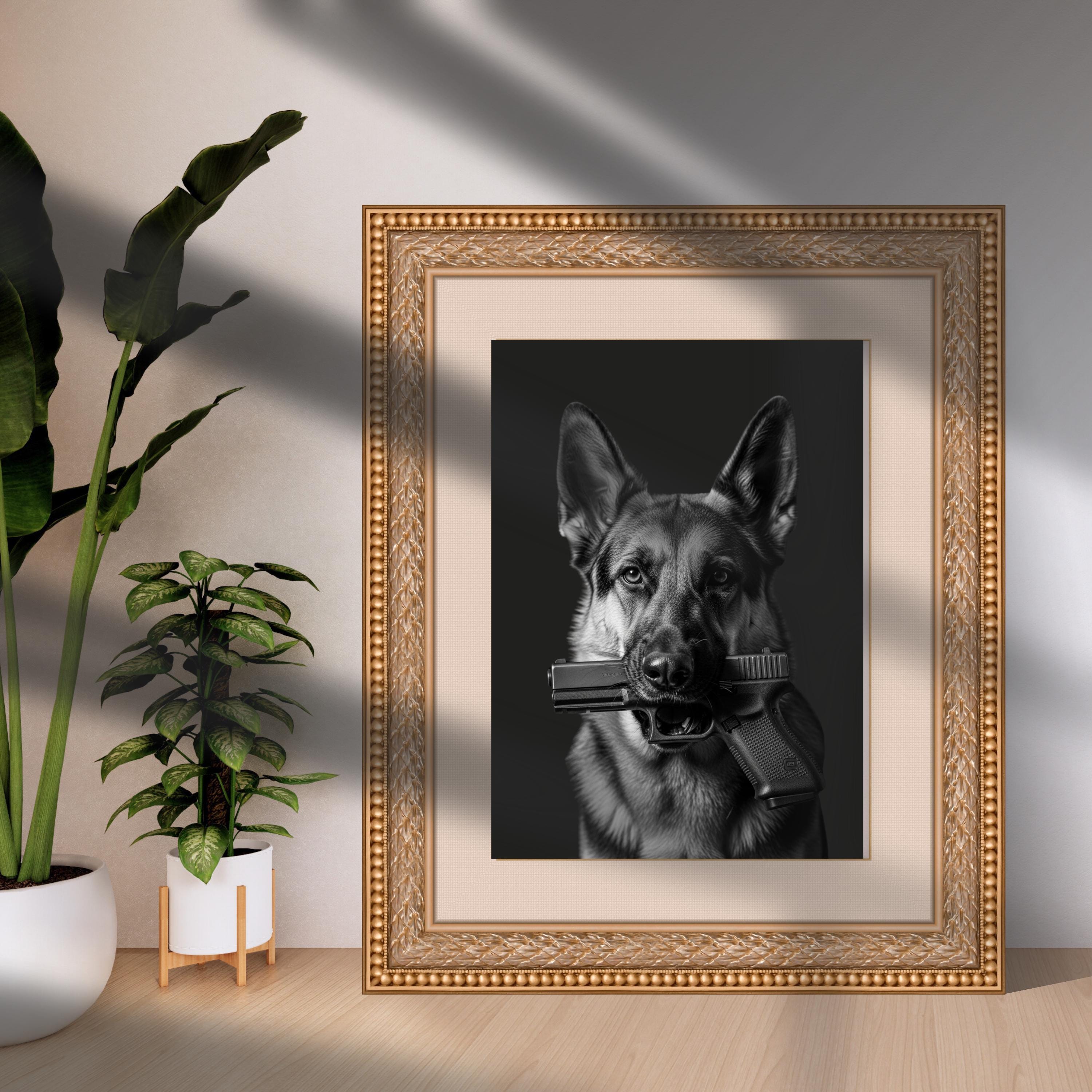 German Shepherd Dog With Gun Print, Digital Print, Urban Dog
