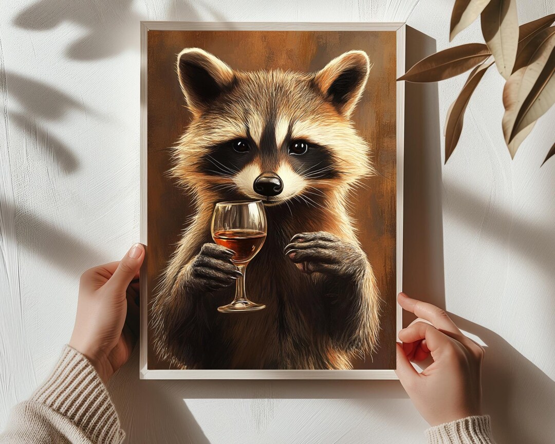 Raccoon Wall Art, Raccoon Lovers Gift Drinking Wine, Alcohol Bar Cart ...