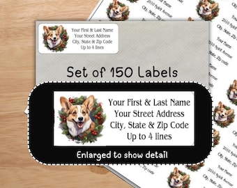 Pembroke Welsh Corgi Christmas Address Labels: Dog Wreath Return Mailing Stickers, Gift Tags, Housewarming