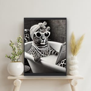 Prissy Leopard in Tub Printable Wall Art, Big Cat Taking a Bath reading newspaper,  Bathroom Poster Print, Kids Décor, Minimalist #BR9160