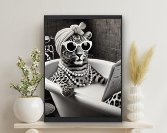 May include: A black and white photo of a leopard wearing sunglasses and a turban, relaxing in a bathtub with a book. The leopard is wearing a pearl necklace.