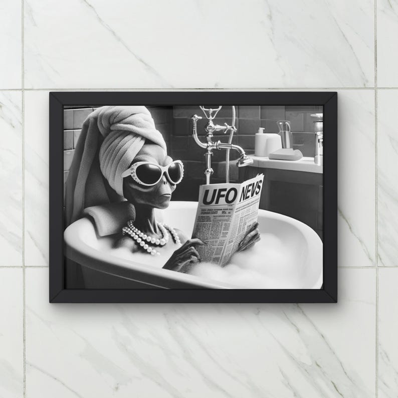 May include: A black and white photo of an alien in a bathtub reading a newspaper titled "UFO News". The alien is wearing sunglasses and a towel on their head.