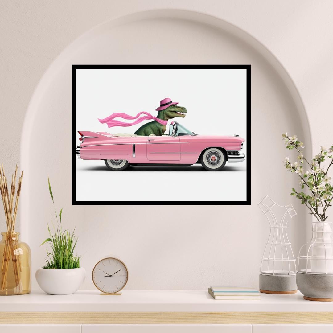 Dino Driving 1950s Pink Cadillac Wall Art, Dinosaur T-rex Print