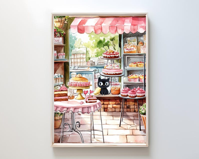 Black Cat Painting, Cat Kitchen Wall Art, Pastry Bakery Shop, Cat