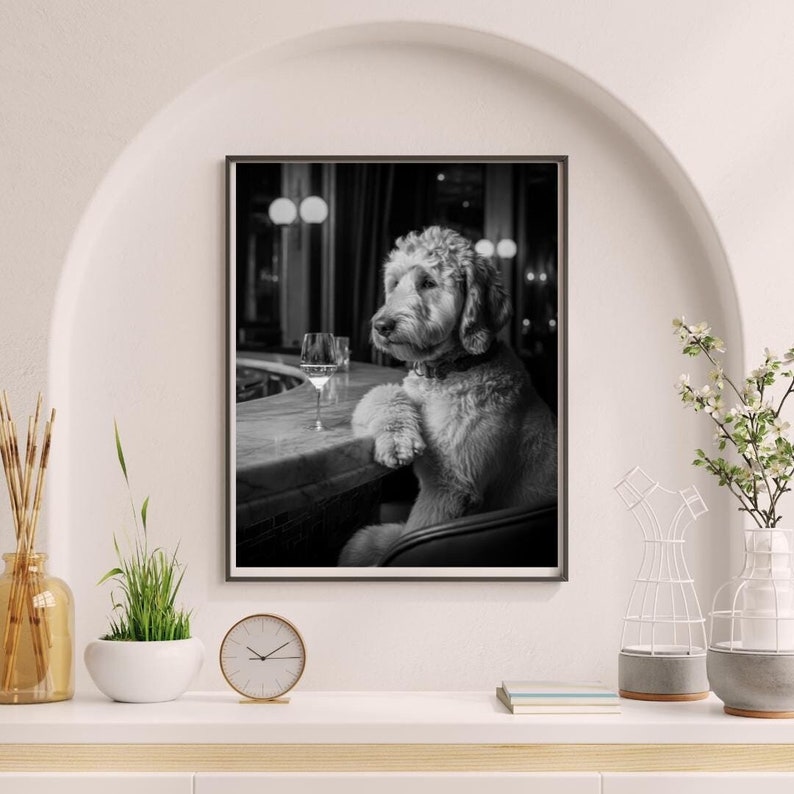 golden doodle dog sitting at the bar, having a glass of wine, alcohol bar art, bar cart print, home decor, poster wall art