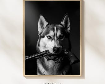 Siberische huskyhond met geweerprint, digitale print, stedelijke hond afdrukbare gangsterposter, revolver pistool kunst aan de muur, #GVX1TQ