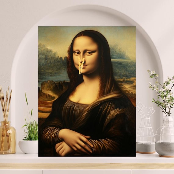 面白いモナ・リザの臭いバスルームアート：洗濯バサミの鼻のパロディ