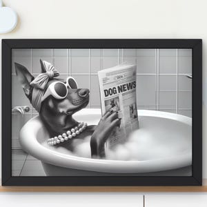 Prissy Dobermann Pinscher Hund in Wanne druckbare Wandkunst | Badender Hund liest Zeitung |  Badezimmer Kunstdruck | Kinder Dekor #BR451