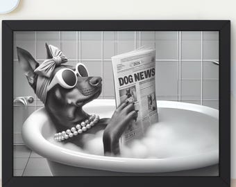 Puede incluir: Una fotografía en blanco y negro de un perro con gafas de sol y una diadema, relajándose en una bañera con burbujas y leyendo un periódico titulado "Dog News".