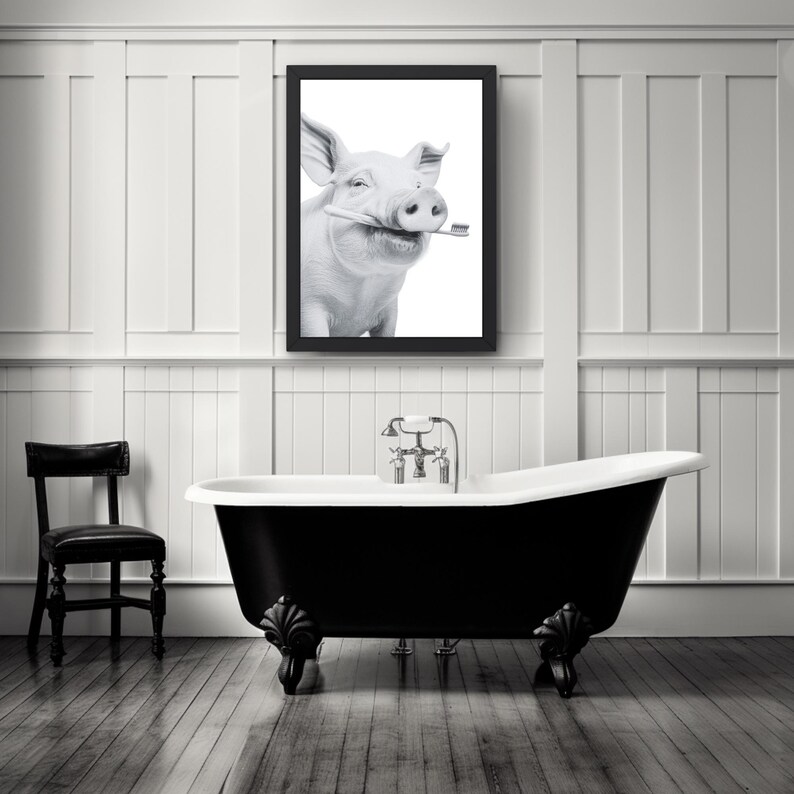 Pig Bathroom Wall Art Brushing Teeth Bathroom Art Print Kids Bathroom