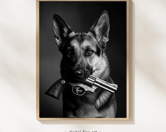 Duitse herdershond met geweerprint, digitale print, stedelijke hond afdrukbare gangsterposter, revolver geweer kunst aan de muur, 2e amendement #GV91TQ