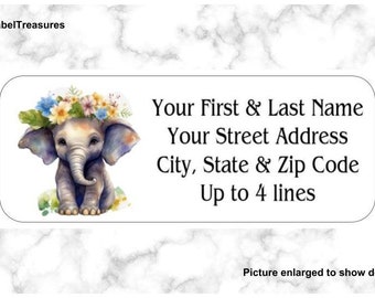 Return Mailing Address Labels Beautiful Baby Elephant Flower Headband Floral  Personalized up to 4 lines  1 x 2 5/8, Set of 150