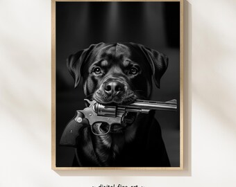 Rottweilerhond met geweerafdruk, digitale print, stedelijke hond afdrukbare gangsterposter, revolvergeweer kunst aan de muur, 2e amendement #GLV1TQ