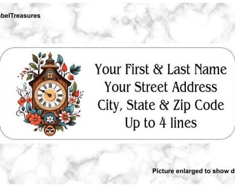 Address Labels Folk Art Cuckoo Clock Bird Flowers Return Mailing Stickers, bird stickers,   Personalized up to 4 lines  1 x 2 5/8