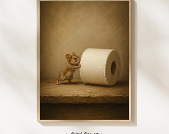 Funny Mouse Bathroom Wall Art Printable, Pushing Toilet Paper Mouse Print, Whimsical Animal Decor, Vintage Digital Download #BYD1BA