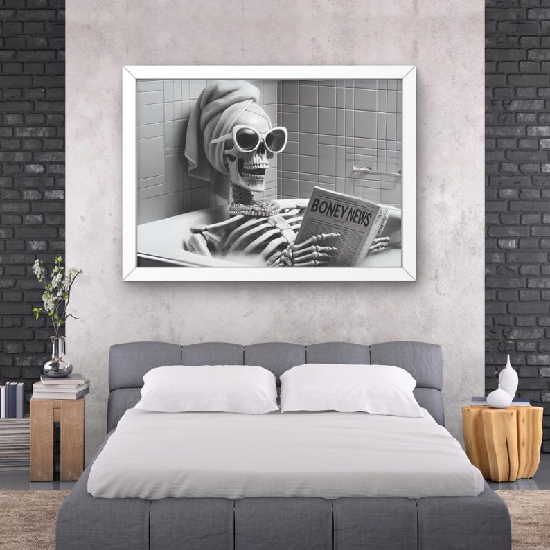 Prissy Skeleton in Tub Bathroom Wall Art, Skelly Taking a Bath reading newspaper, Guest bath decor, Halloween housewarming gift #AA1141