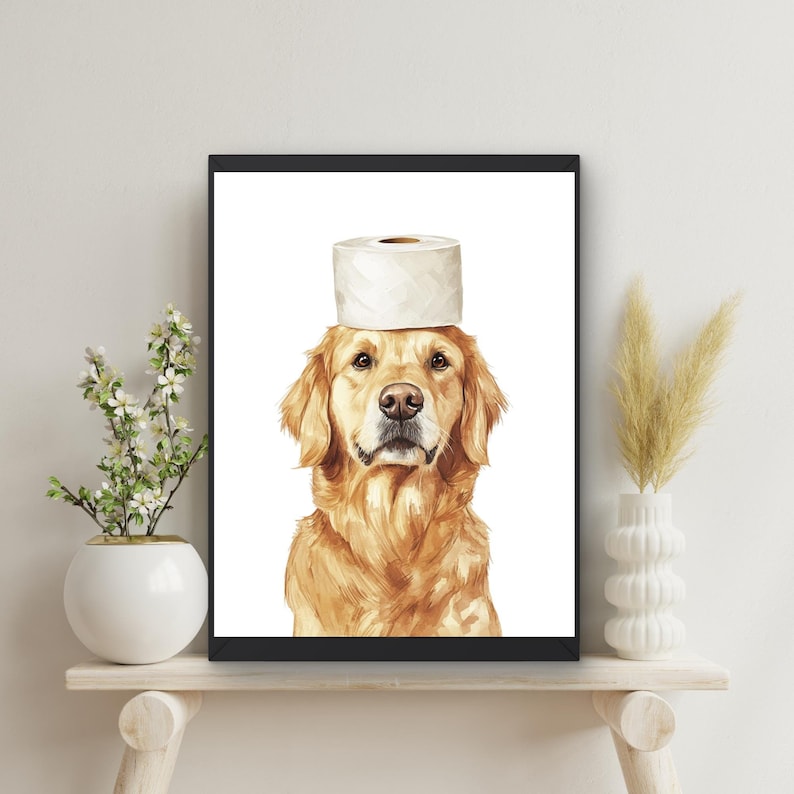 golden retriever dog with a roll of toilet paper on top of its head, bathroom art, funny dog print