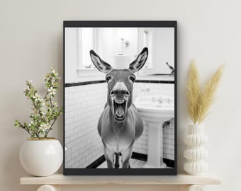Donkey Mule Print, Bathroom Wall Art, Donkey on Toilet Wall art, Bathroom Print, housewarming gift, Bathroom Decor, #HHB799