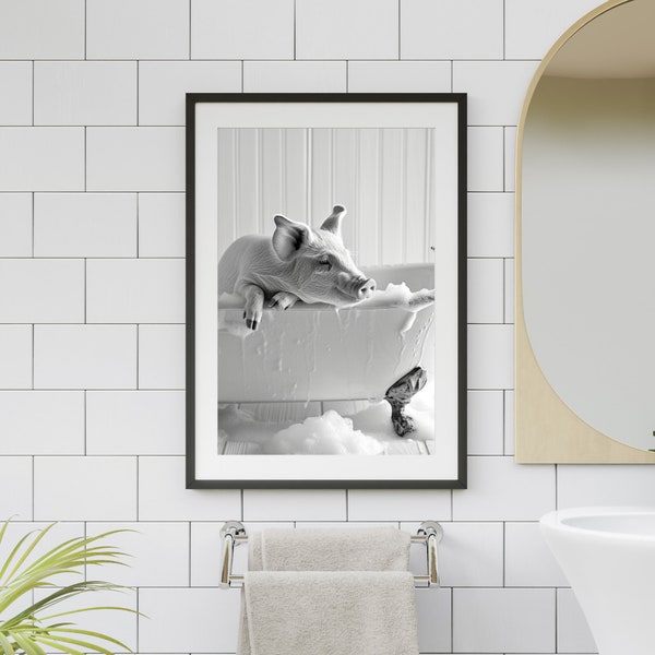 Piglet in Tub Printable Wall Art | Pig Taking a Bath in Tub Photo | Pig Bathroom Art Print | Stunning Digital Download