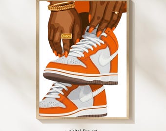 Printable Black Woman Sneaker Art, Fashion Sneakerhead Print Orange Aesthetic Melanin Wall Art Black Girl Décor, Digital Download #P2QKN3Y