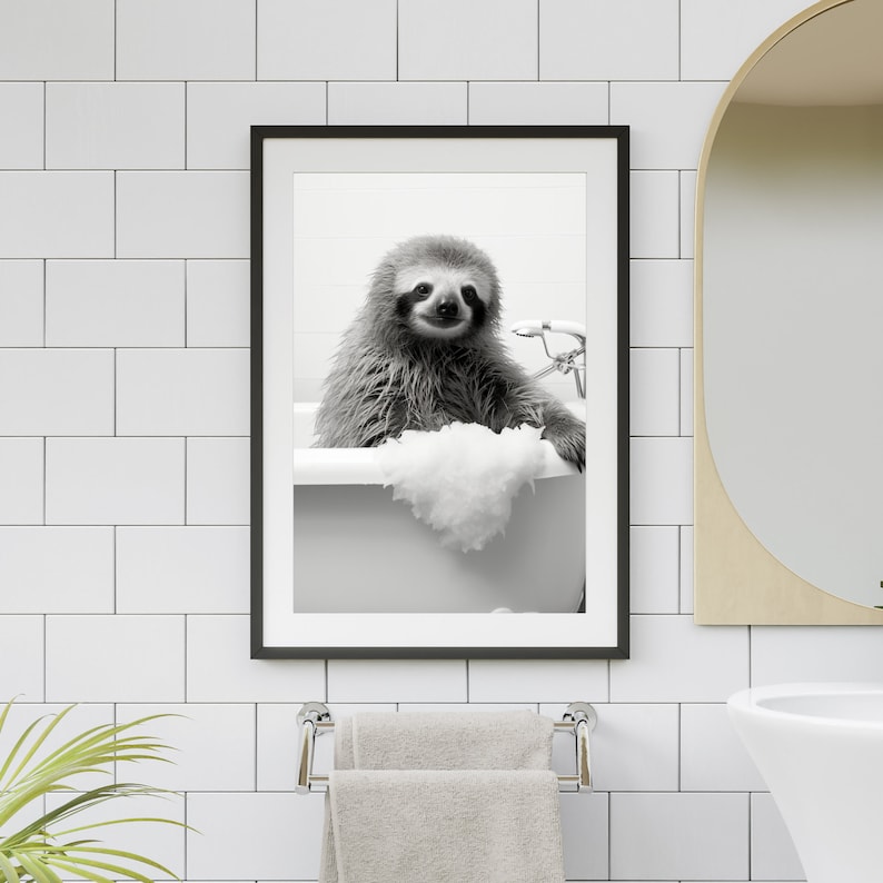 Sloth Taking a Bath in Tub Bathroom Wall Art, Sloth Relaxing in Bathtub