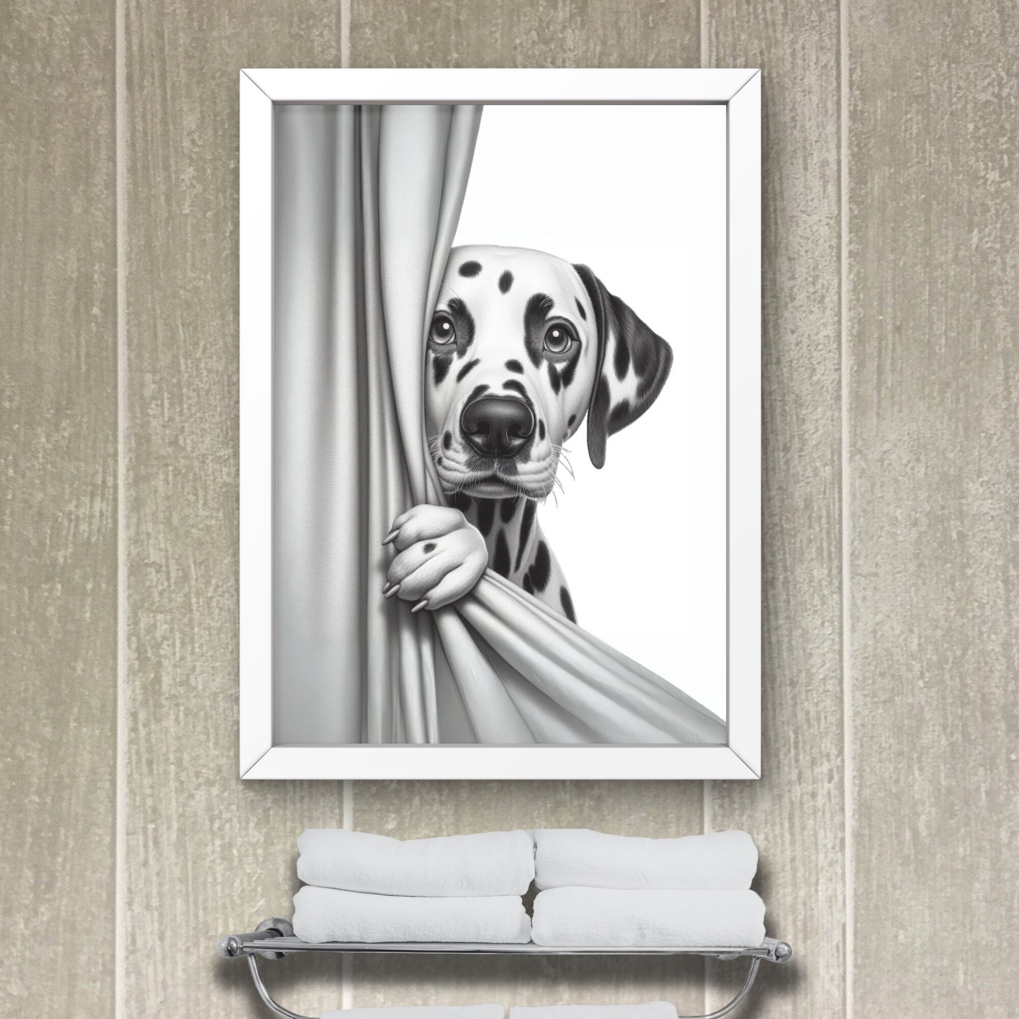 Dalmatian Dog Bathroom Wall Art, Dog Peeking Out of Shower Curtain
