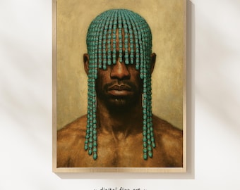 Arte mural con tocado de cuentas, descarga digital, retrato de moda masculina imprimible, impresión de diseño de interiores en negro, decoración afroamericana, n.° PH800S