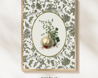 Arte mural de hierbas y ajo, impresión botánica vintage, decoración de cocina, arte mural imprimible, descarga digital de vegetales, estilo rústico vintage #HT438