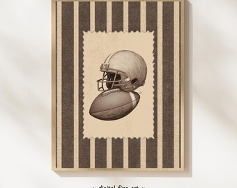 Vintage stempel, American Football-afdrukken: cadeau sportfan, gestreept bruin neutraal, helmdecor voetballer, minimalistische muurkunst #BZX1W5