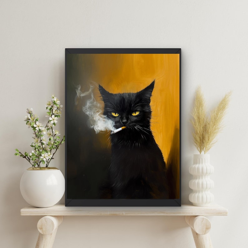 black kitting taking a smoke break, smoking cigarette, wall art print decor