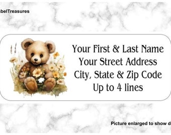 Set of 150 Teddy Bear Wildflowers Watercolor Return Mailing Address Labels Personalized up to 4 lines  1 x 2 5/8