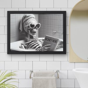 Prissy Skeleton in Tub Bathroom Wall Art, Skelly Taking a Bath reading newspaper, Guest bath decor, Halloween housewarming gift #AA1141