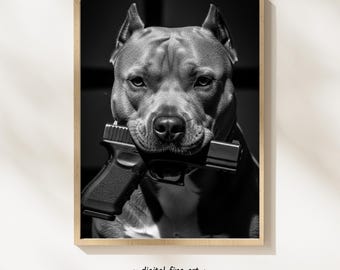 Póster digital imprimible de un pitbull terrier con una pistola, estilo urbano, con diseño de gánster. Incluye una pistola Glock de 9 mm. #G8V1TQ