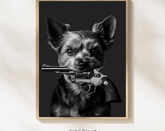 Yorkshire Terrier Dog met geweerprint, digitale print, stedelijke hond afdrukbare gangsterposter, revolver geweer kunst aan de muur, Yorkie hondenliefhebber #GV1T1Q