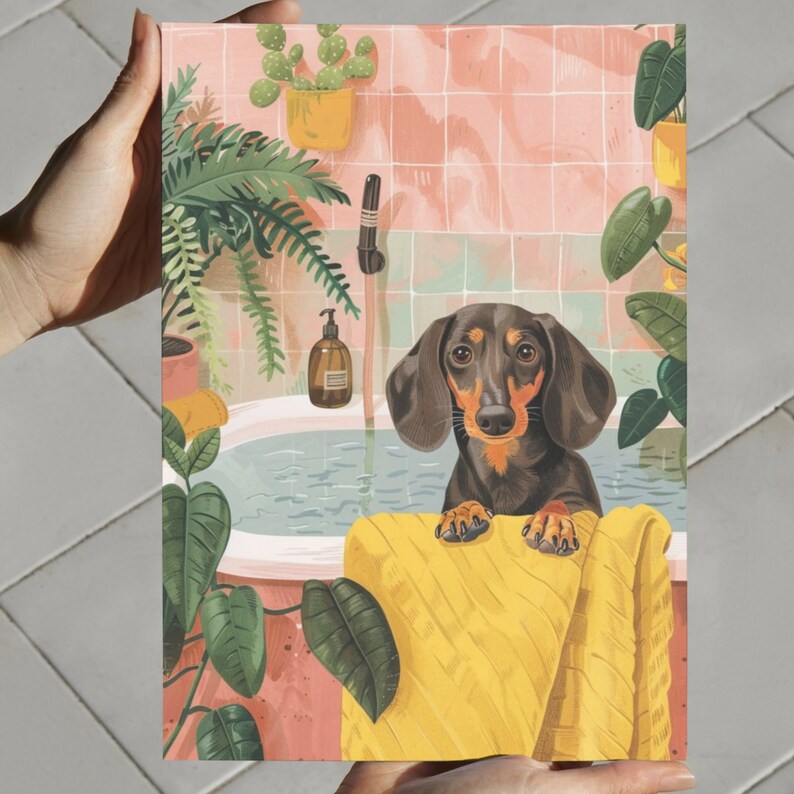 Dachshund Dog in Bathtub Printable Wall Art, Weenie Dog Taking a Bath ...