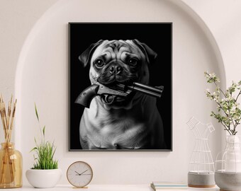 Mopshond met geweerprint, digitale print, stadshond afdrukbare gangsterposter, afdrukbare gangsterposter, revolver geweer kunst aan de muur, #GV92TQ