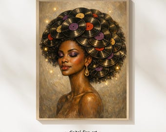 Vinyl Queen Afro Art Print – Afrocentric Black Woman Portrait with Record Hair – Retro Music Lover Digital Download #HKK00S