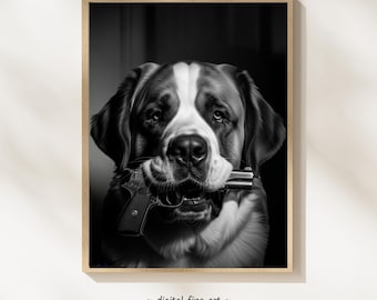 Sint-bernardhond met geweerprint, digitale print, stedelijke hond afdrukbare gangsterposter, 9 mm Glock Gun muurkunst, #GV2TQ