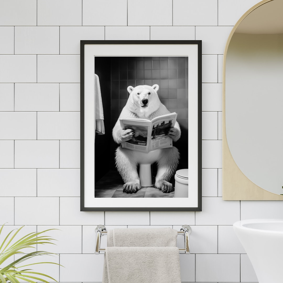 Polar Bear on Toilet Printable Wall Art Polar Bear Reading Paper Polar