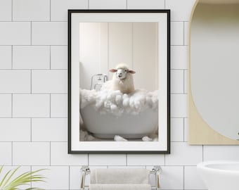 Sheep in Tub Bathroom Wall Art - Farmhouse Sheep in Bathtub Decor -  Sheep Taking a Bubble Bath Print Art - Kids bathroom art funny animal