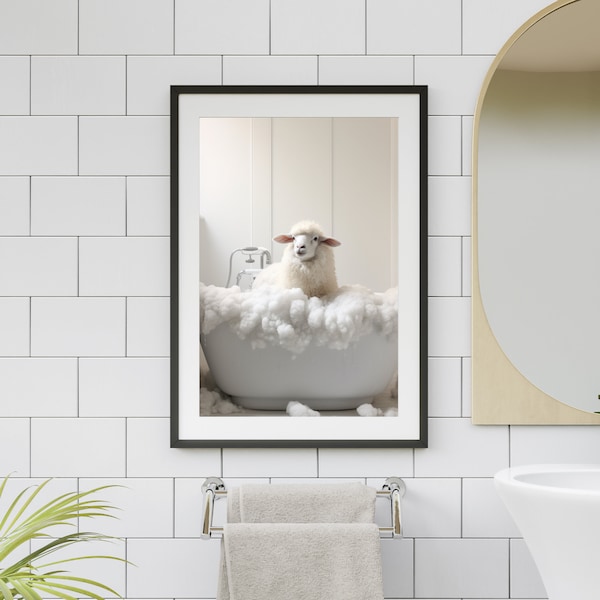 Sheep in Tub Bathroom Wall Art - Farmhouse Sheep in Bathtub Decor -  Sheep Taking a Bubble Bath Print Art - Kids bathroom art funny animal