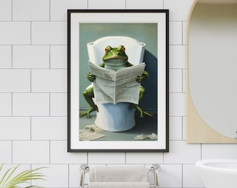 Figurine Humoristique Grenouille Sur Toilettes Avec Journal - 11 Cm - Pierre Artificielle Peinte à La Main - Décoration Décalée