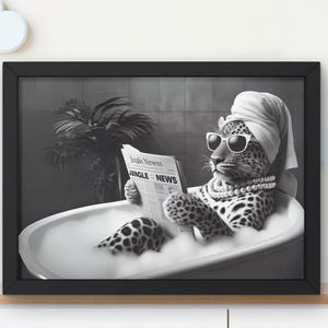 Prissy Leopard in Tub Printable Wall Art, Big Cat Taking a Bath reading newspaper Bathroom Print, Guest Bath Kids Décor, Minimalist #BR160