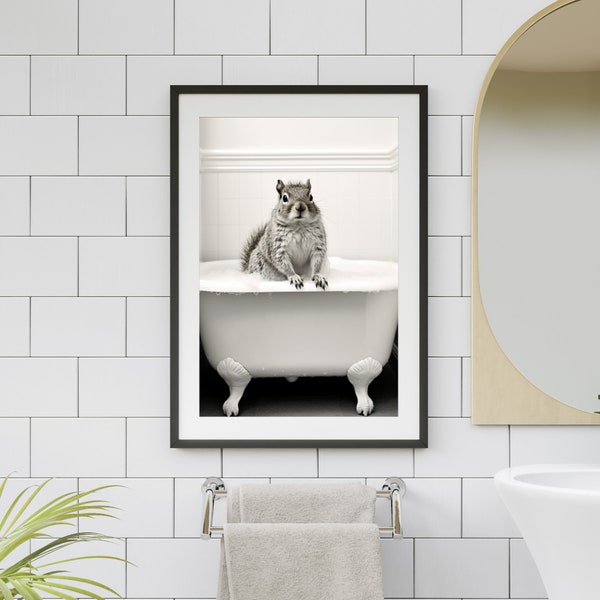 Squirrel in Tub Printable Wall Art | Squirrel Taking a Bath in bathtub Photo | Kids Bathroom Art Print | Bubble Bath Wall Decor Funny Animal