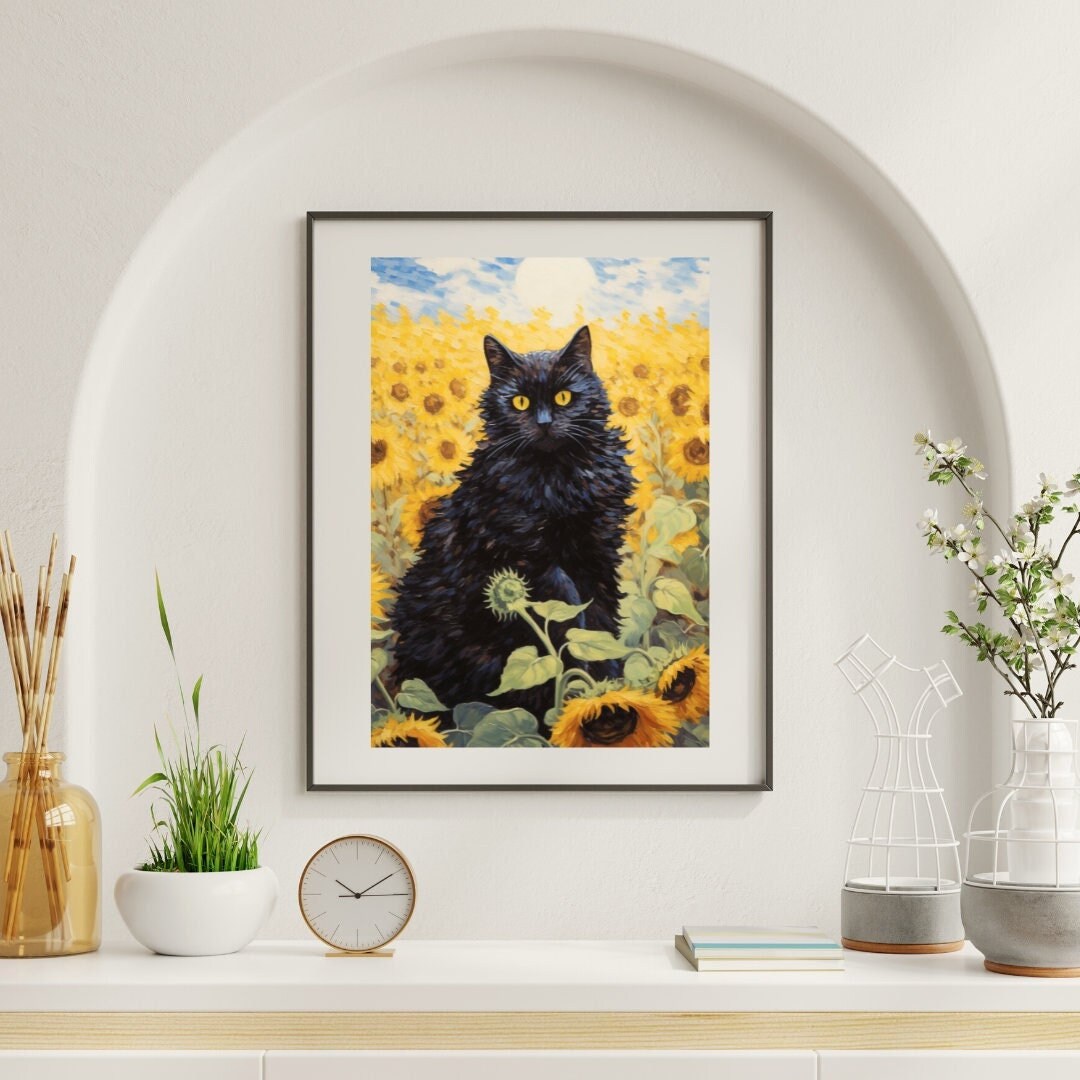 Black Cat Wall Art, Sunflowers Field Art Print: Van Gogh Style Decor ...