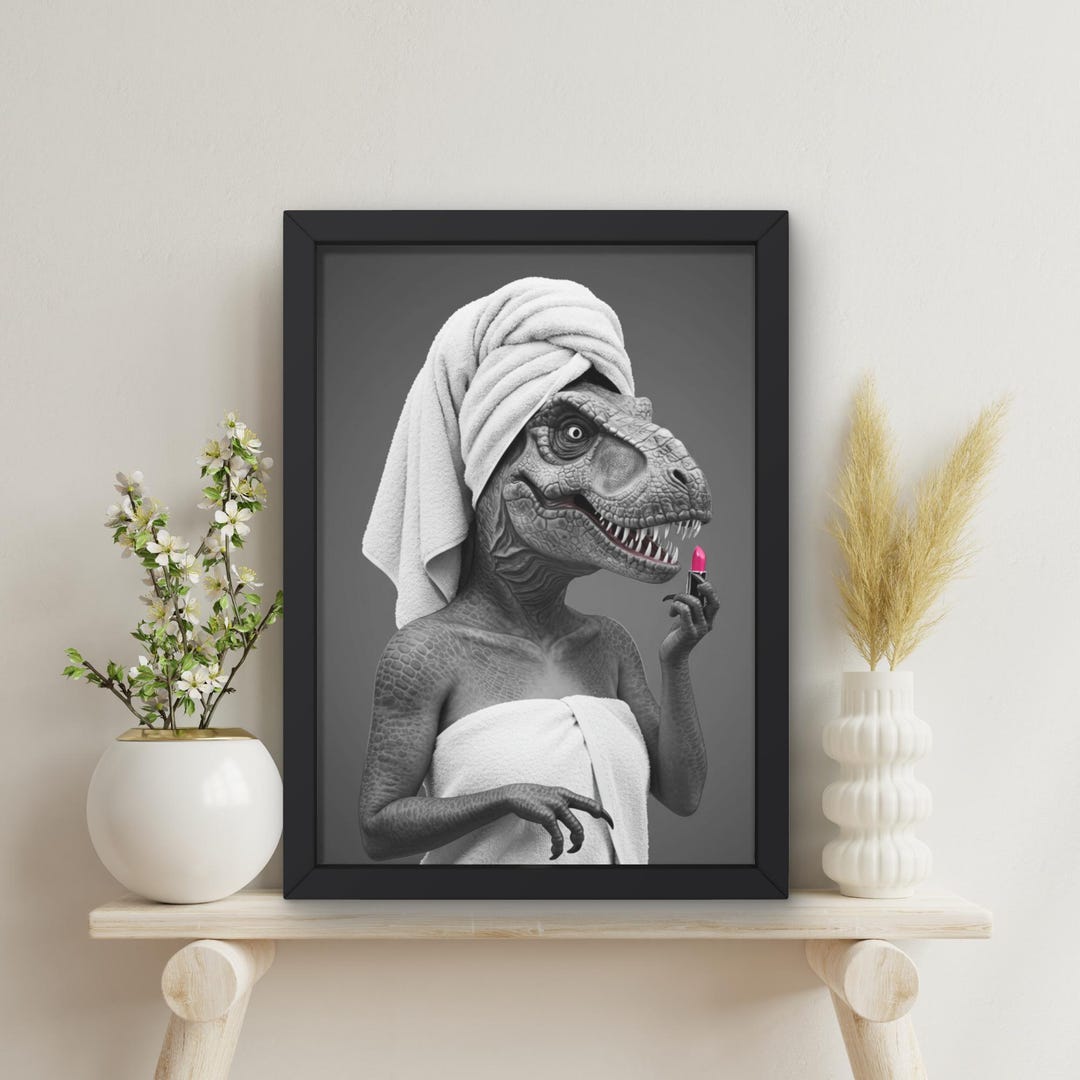 T Rex Lipstick Bathroom Print Funny Dinosaur Wall Art Digital
