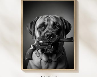 Bull-mastiff-hond met geweerprint, digitale print, stedelijke hond afdrukbare gangsterposter, revolver pistool kunst aan de muur, #GN2TQ